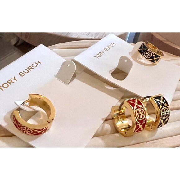SET OF TWO - Tory Burch Red and Gold and Black and Gold Monogram Huggies - Picture 1 of 8